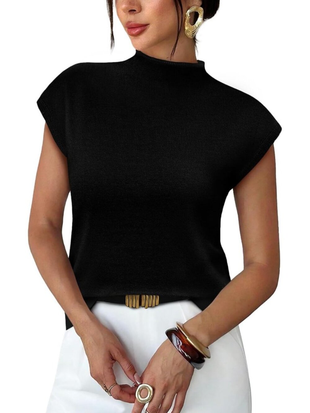 Chic Women's Short Sleeve Mock Neck Sweater Top - Casual Dressy Knit Pullover